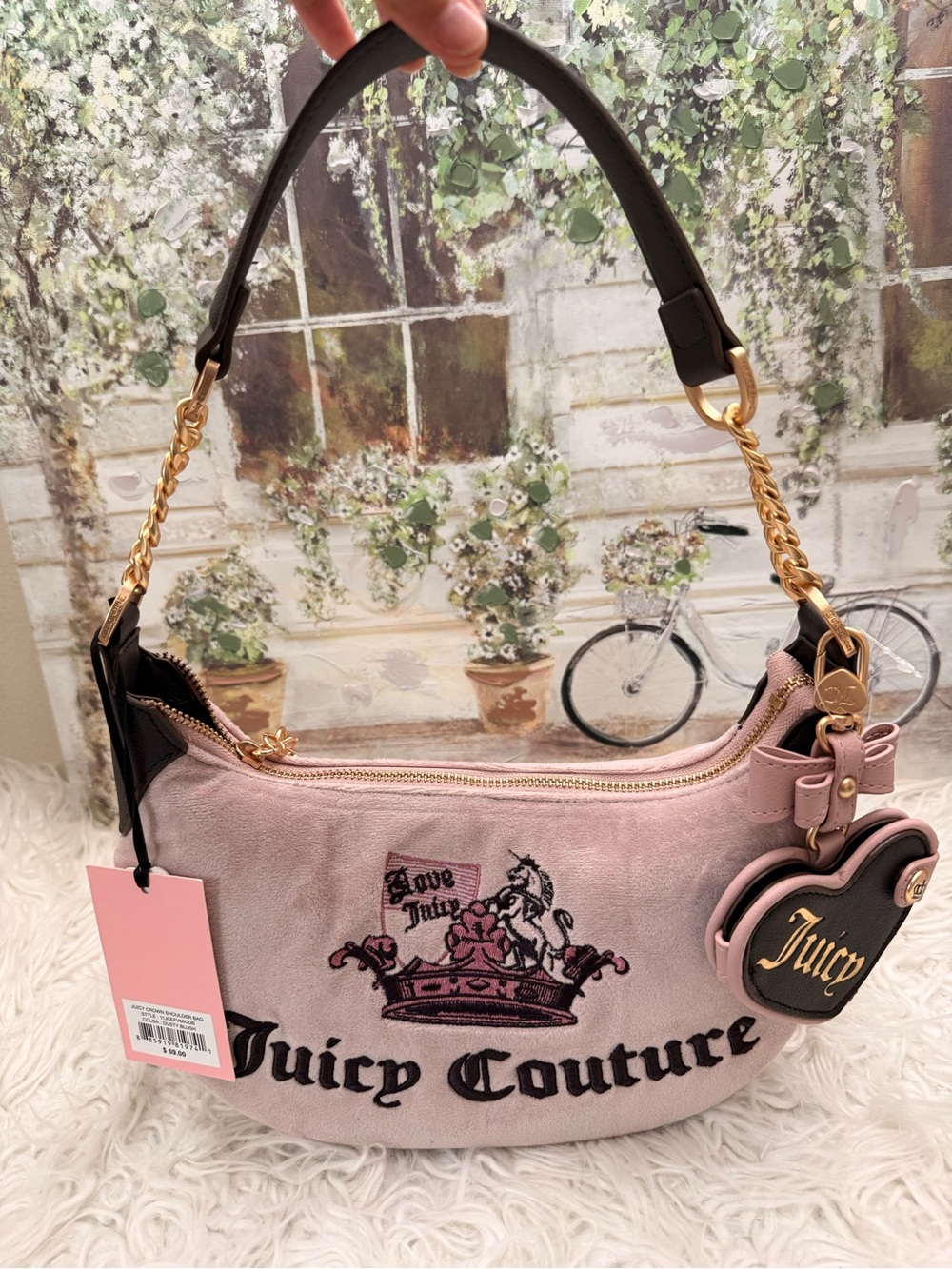 Juicy Couture Pink Suede Shoulder Bag with Gold Accents and Heart Charm